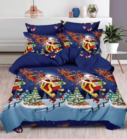 Lenjerie pat de Craciun cu elastic,pat dublu,bumbac finet,6 piese,bleumarin cu Mos Craciun-A642 [0]