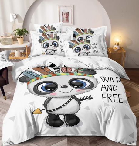 Lenjerii de pat bumbac - Lenjerie pat dublu 3D,bumbac finet,6 piese,cearceaf de pat normal,alba,imprimeu cu Indian Panda-A1031