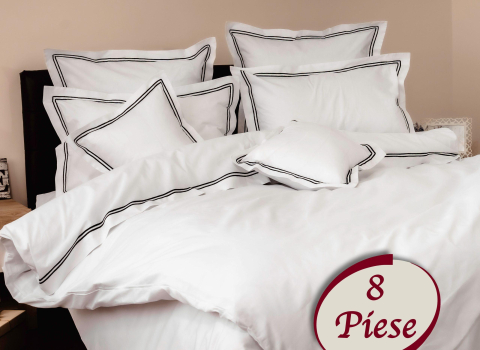 Lenjerii de pat - Lenjerie pat dublu,bumbac 100%,8 piese,alba cu 2 dungi brodate negre-67574