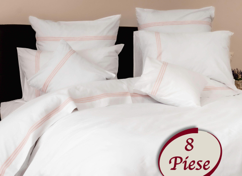 Lenjerii de pat - Lenjerie pat dublu,bumbac 100%,8 piese,alba cu 3 dungi brodate roz-67579