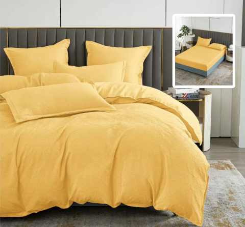 Lenjerii de pat - Lenjerie pat dublu,bumbac finet,6 piese,cearceaf cu elastic 160/180x200cm, cearceaf pilota 200x230cm, 2 fete de perna 50x70, 2 fete de perna 70x70,galbena-81228