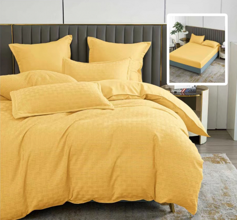 Lenjerii de pat - Lenjerie pat dublu,bumbac finet,6 piese,cearceaf cu elastic 160/180x200cm, cearceaf pilota 200x230cm, 2 fete de perna 50x70, 2 fete de perna 70x70,galbena,stripe-81206