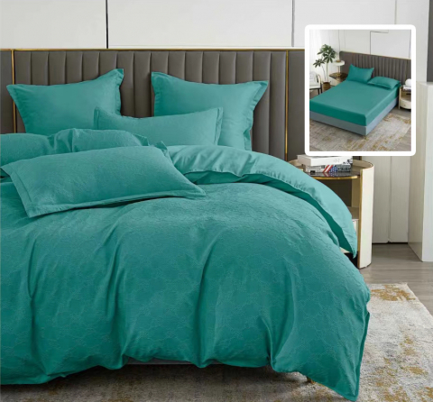 Lenjerii de pat - Lenjerie pat dublu,bumbac finet,6 piese,cearceaf cu elastic 160/180x200cm, cearceaf pilota 200x230cm, 2 fete de perna 50x70, 2 fete de perna 70x70,turcoaz-81223
