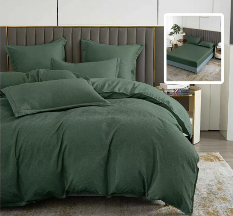 Lenjerii de pat - Lenjerie pat dublu,bumbac finet,6 piese,cearceaf cu elastic 160/180x200cm, cearceaf pilota 200x230cm, 2 fete de perna 50x70, 2 fete de perna 70x70,verde inchis-81222