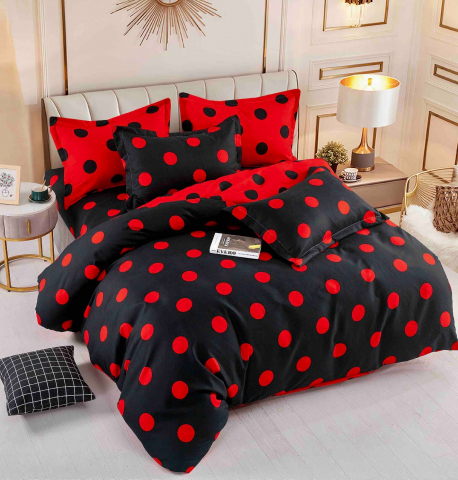 Lenjerii de pat cu buline - Lenjerie pat dublu,bumbac finet,6 piese,cearceaf cu elastic,neagra cu buline rosii-A788