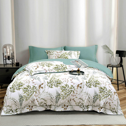 Lenjerii de pat bumbac - Lenjerie de lux pentru pat dublu,bumbac finet,6 piese,cearceaf cu elastic,alba/verde cu frunze-A991