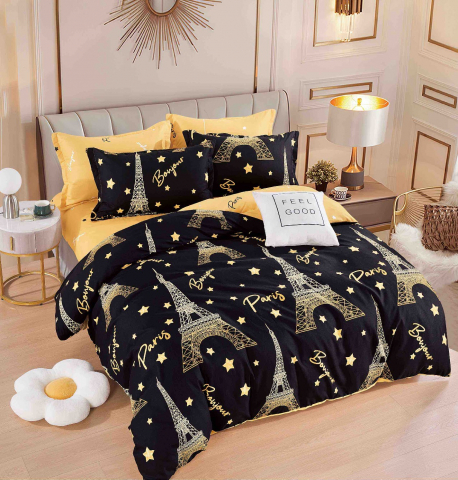 Lenjerii de pat 180x200cm - Lenjerie pat dublu,bumbac finet,6 piese,cearceaf cu elastic,neagra cu Turnul Eiffel-A908