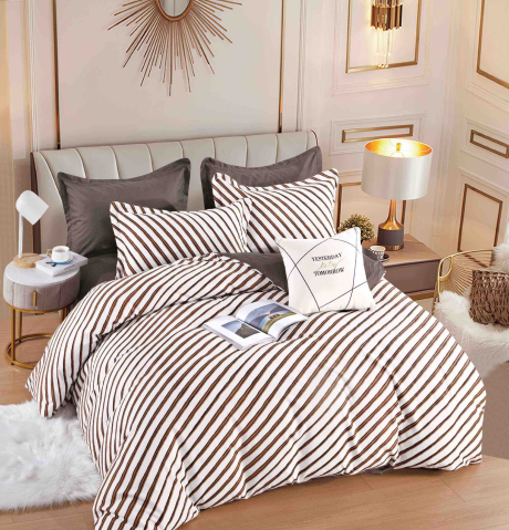 Lenjerii de pat 180x200cm - Lenjerie pat dublu,bumbac finet,6 piese,cearceaf cu elastic,alba/maro cu dungi-A1481