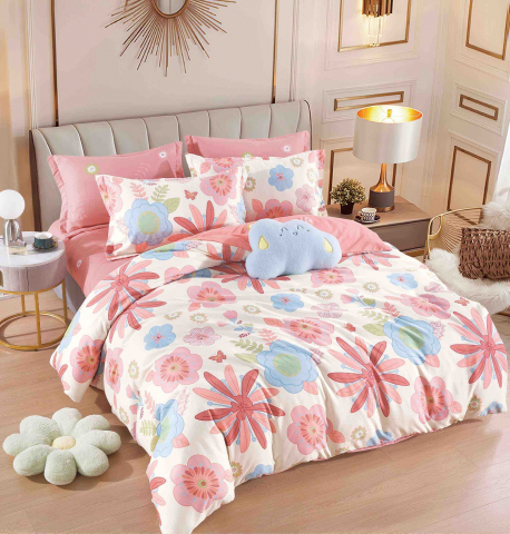 Lenjerii de pat cu elastic - Lenjerie pat dublu,bumbac finet,6 piese,cearceaf cu elastic,alba/roz cu floricele-A899