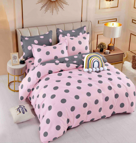 Lenjerii de pat 180x200cm - Lenjerie pat dublu,bumbac finet,6 piese,cearceaf cu elastic,roz cu buline gri-A778