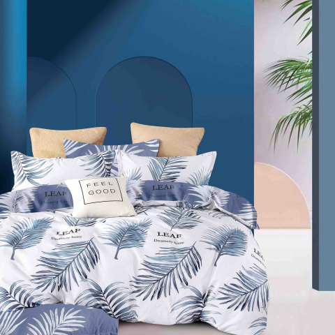 Lenjerii de pat 100x200cm - Lenjerie pat single,bumbac finet,4 piese,cearceaf normal,alba cu pene albastre-A817