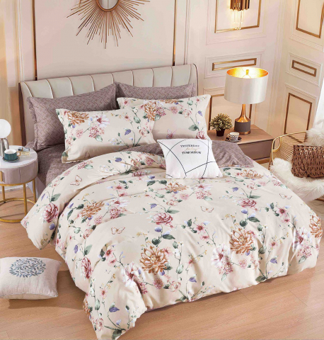 Lenjerii de pat 180x200cm - Lenjerie pat dublu,bumbac finet,6 piese,cearceaf cu elastic,crem cu flori-A887