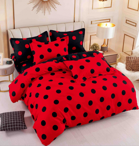 Lenjerii de pat cu buline - Lenjerie pat dublu,bumbac finet,6 piese,cearceaf cu elastic,rosie cu buline negre-A786