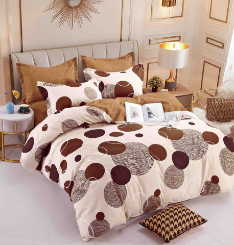 Lenjerii de pat 180x200cm - Lenjerie pat dublu,bumbac finet,6 piese,cearceaf cu elastic,crem/maro cu buline-A1460