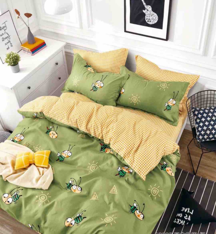 Lenjerii de pat 180x200cm - Lenjerie pat dublu,bumbac finet,6 piese,cearceaf cu elastic,galbena/verde cu Albinute-A1461