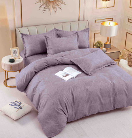 Lenjerii de pat mov - Lenjerie pat dublu,bumbac finet,6 piese,cearceaf cu elastic,mov cu motiv floral-A782