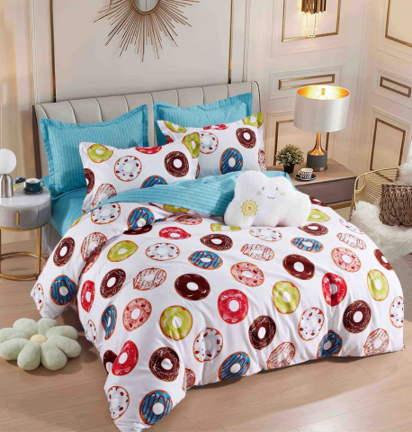 Lenjerii de pat - Lenjerie pat dublu,bumbac finet,6 piese,cearceaf cu elastic,alba,Donuts-A903