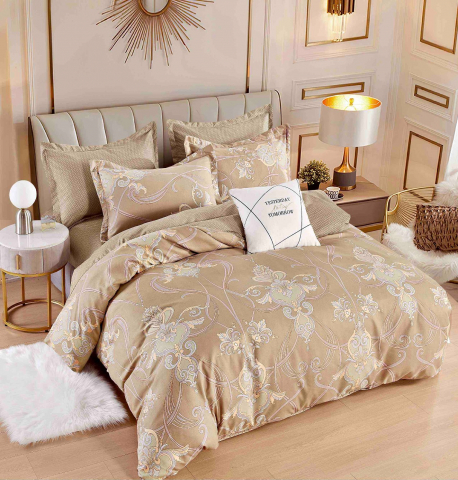 Lenjerii de pat bej - Lenjerie pat dublu,bumbac finet,6 piese,cearceaf cu elastic,bej cu motiv floral-A811