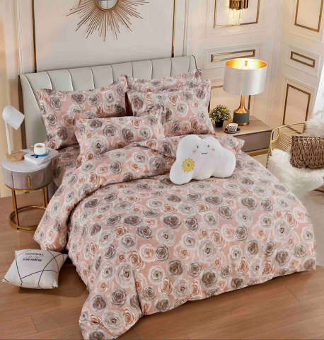 Lenjerii de pat 180x200cm - Lenjerie pat dublu,bumbac finet,6 piese,cearceaf cu elastic,bej cu trandafiri-A1470