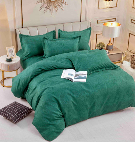Lenjerii de pat verzi - Lenjerie pat dublu,bumbac finet,6 piese,cearceaf cu elastic,verde cu motiv floral-A779