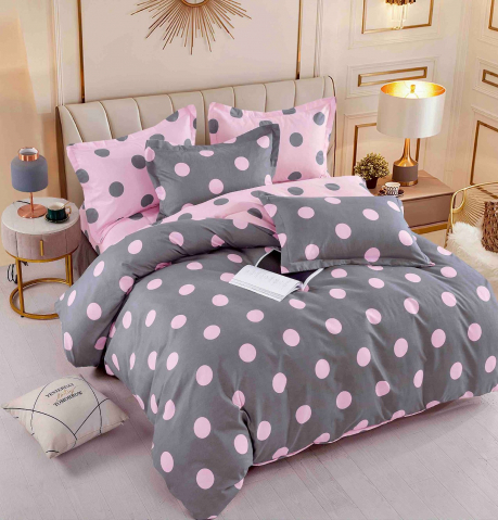 Lenjerii de pat 180x200cm - Lenjerie pat dublu,bumbac finet,6 piese,cearceaf cu elastic,gri cu buline roz-A781