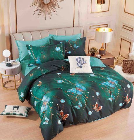 Lenjerii de pat bumbac - Lenjerie pat dublu,bumbac finet,6 piese,cearceaf cu elastic,verde smarald cu fluturi-A892