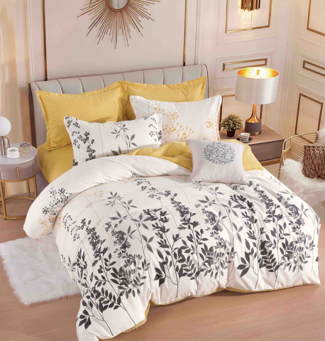 Lenjerii de pat 180x200cm - Lenjerie pat dublu,bumbac finet,6 piese,cearceaf cu elasticalba/galbena cu flori-A1463