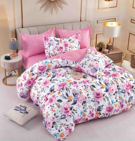 Lenjerii de pat 180x200cm - Lenjerie pat dublu,bumbac finet,6 piese,cearceaf cu elastic,roz cu flori colorate-A780