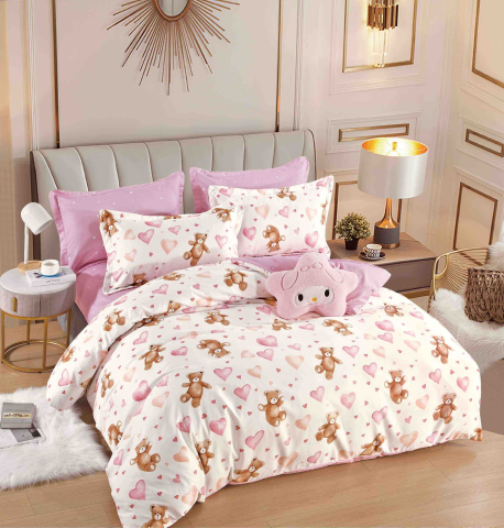 Lenjerii de pat 180x200cm - Lenjerie pat dublu,bumbac finet,6 piese,cearceaf cu elastic,alba/roz cu ursuleti-A1474