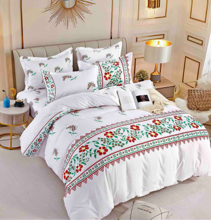 Lenjerii de pat 140x200cm - Lenjerie pat dublu,bumbac finet,6 piese cu elastic,motiv traditional cu flori-A424