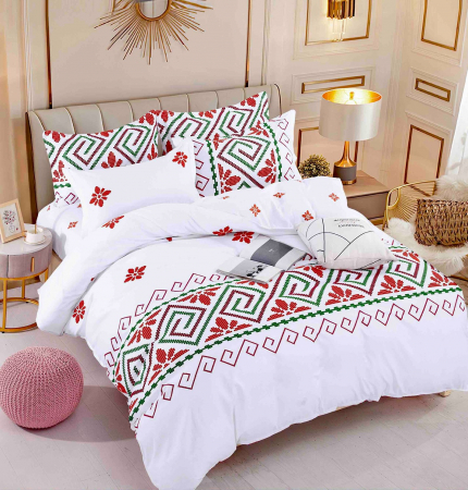 Lenjerii de pat cu motiv traditional - Lenjerie pat dublu,bumbac finet,6 piese,motiv traditional rosu cu verde-A430