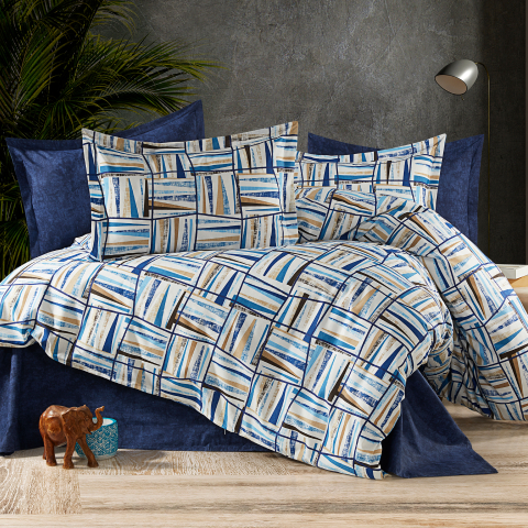 Lenjerii de pat - Lenjerie pat dublu,bumbac ranforce,4 piese,albastru navy cu linii,RNFN251