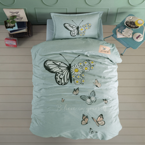 Lenjerii de pat - Lenjerie pat single,bumbac ranforce,3 piese,verde mint cu fluturi,Daisy Love v1-A1486