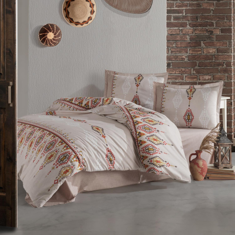 Lenjerii de pat multicolore - Lenjerie pat dublu,bumbac ranforce,4 piese,bej/crem cu motiv traditional,Ethnica-A1309