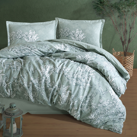 Lenjerii de pat - Lenjerie pat dublu,bumbac ranforce,4 piese,verde salvie cu frunze,Irma-A1341
