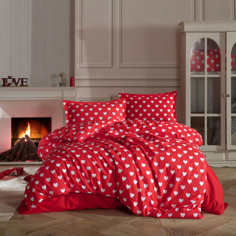 Lenjerii de pat - Lenjerie pat dublu,bumbac ranforce,4 piese,rosie cu inimioare,AmorV1-A1326