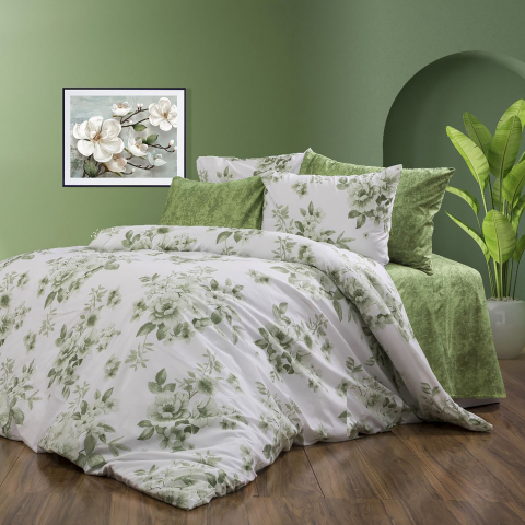 Lenjerii de pat verzi - Lenjerie pat dublu,bumbac ranforce,4 piese,verde cu flori,RNFN170-A720