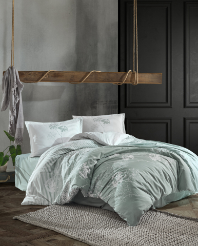 Lenjerii de pat bumbac ranforce - Lenjerie pat dublu,bumbac ranforce,4 piese,verde salvie cu flori,Luvi-A1312