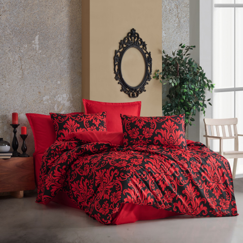 Lenjerii de pat - Lenjerie pat dublu,bumbac ranforce,4 piese,rosie cu model oriental,CalligraV1-A1328