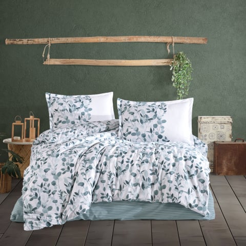 Lenjerii de pat - Lenjerie pat dublu,bumbac ranforce,4 piese,alba/bleu cu flori,Putto-A1351