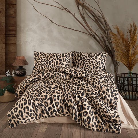 Lenjerii de pat - Lenjerie pat dublu,bumbac ranforce,4 piese,bej cu animal print,Leo-A1349