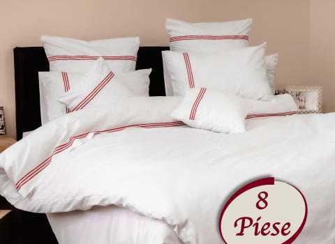 Lenjerii de pat - Lenjerie pat dublu,bumbac 100%,8 piese,alba cu 3 dungi brodate rosii-67557
