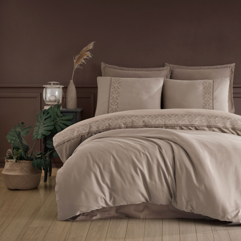 Lenjerii de pat - Lenjerie pat dublu,bumbac ranforce,4 piese,maro,Nienna V1-A1526