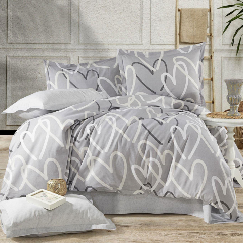 Lenjerii de pat cu inimioare - Lenjerie pat dublu,bumbac ranforce,4 piese,gri cu inimioare,RNFN219-A1047