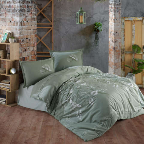 Lenjerii de pat 200x200cm - Lenjerie pat dublu,bumbac ranforce,4 piese,verde cu pomi,MohanaV1-A1290