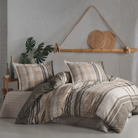 Lenjerii de pat multicolore - Lenjerie pat dublu,bumbac ranforce,4 piese,bej/maro cu dungi,Modena-A1304