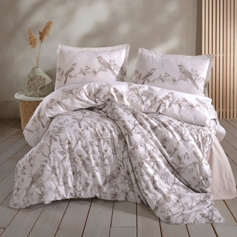 Lenjerii de pat - Lenjerie pat dublu,bumbac ranforce,4 piese,crem cu flori,Mevlin-A1337