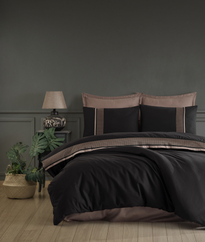 Lenjerii de pat - Lenjerie pat dublu,bumbac ranforce,4 piese,neagra cu bej,Tulkas V2-A1500