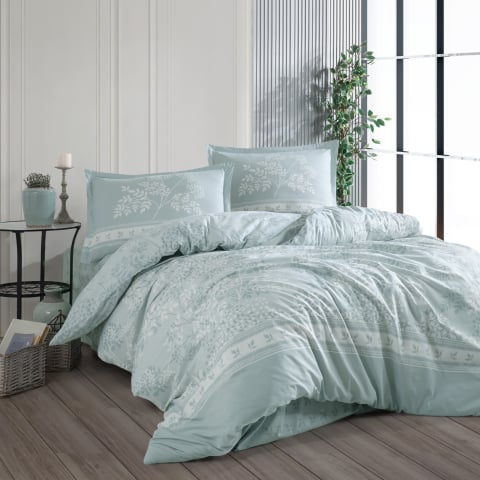 Lenjerii de pat - Lenjerie pat dublu,bumbac ranforce,4 piese,verde menta cu frunze,Devlin-A1345