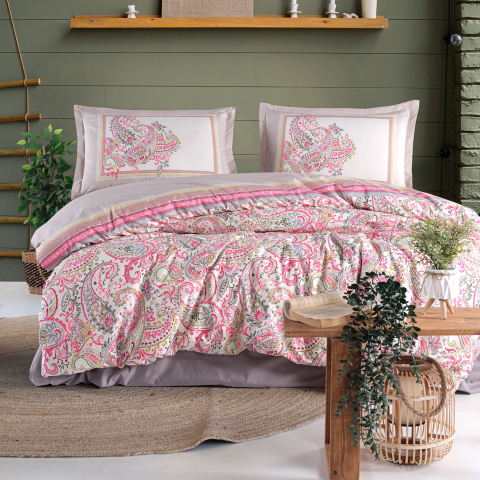 Lenjerii de pat - Lenjerie pat dublu,bumbac ranforce,4 piese,bej cu model oriental,Luga-A1338